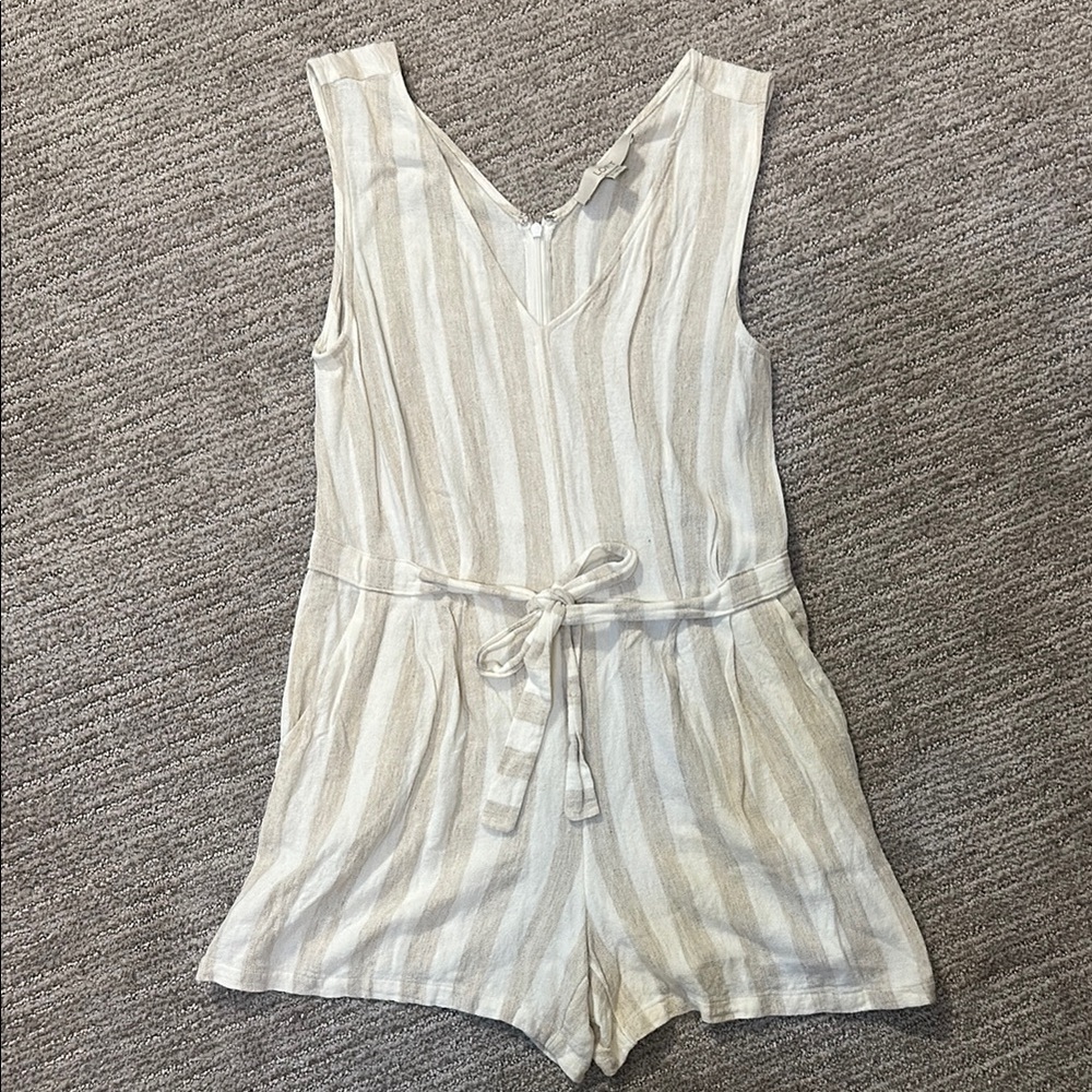LOFT Cream and Tan Striped Romper with Belted Waist